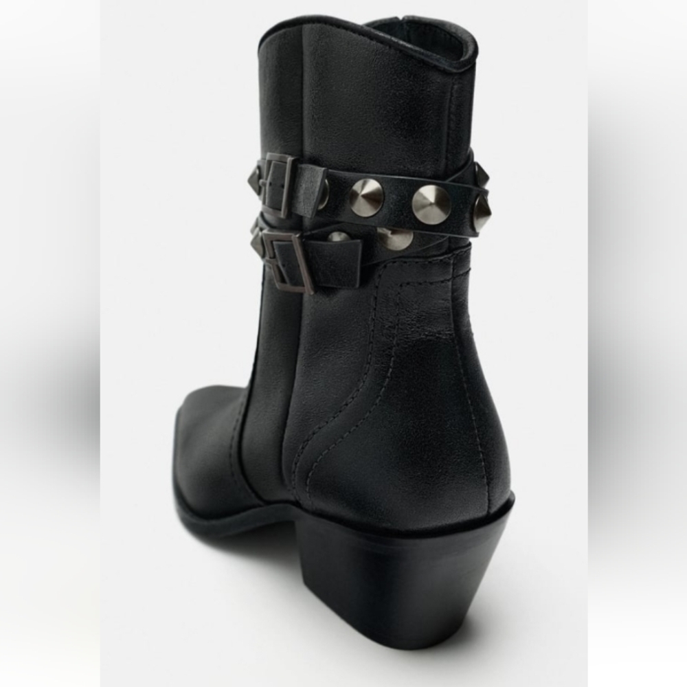Zara Leather strap studded Cowboy Ankle Boots - Picture 6 of 14